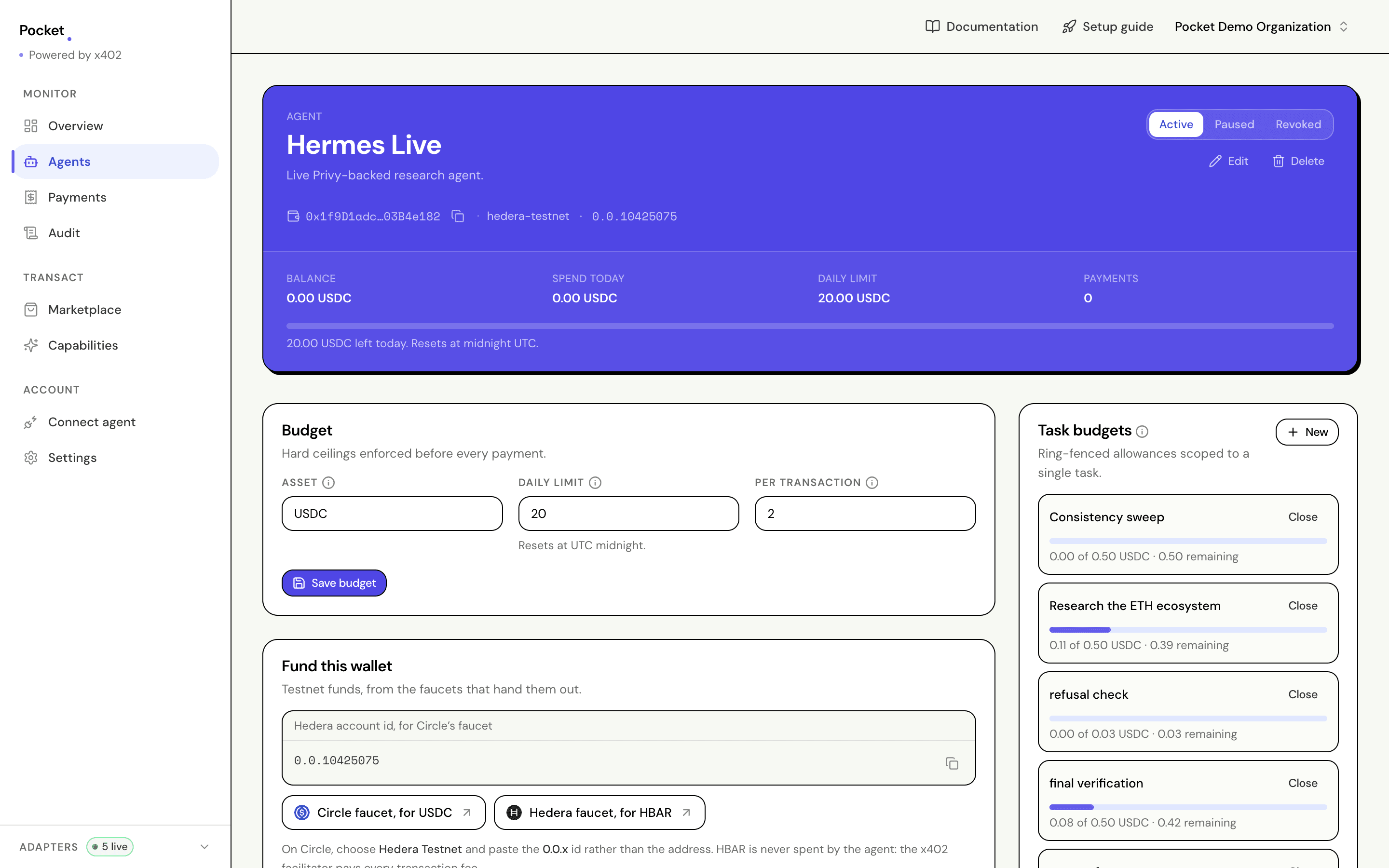 An agent's page: a blue header with balance, spend today, daily limit and payments, a Budget panel, a Fund this wallet panel, and a Task budgets column.