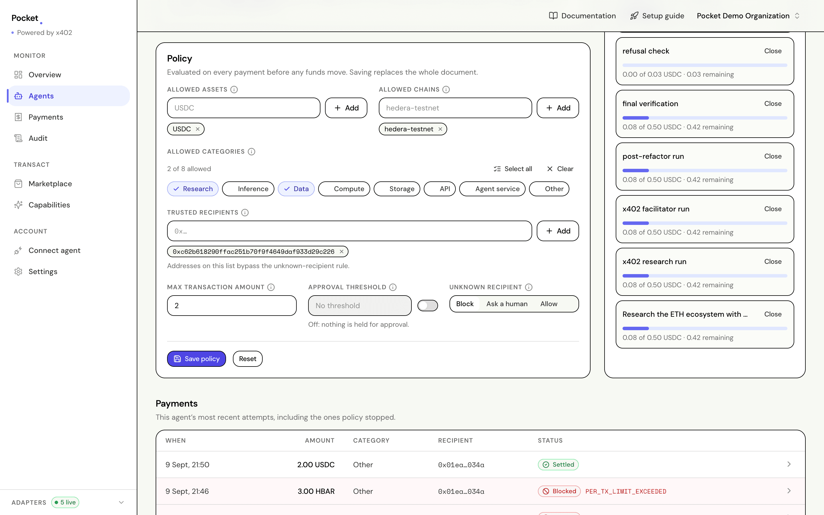 The Policy panel with allowed assets, chains and categories, trusted recipients, a max transaction amount and an unknown-recipient setting.