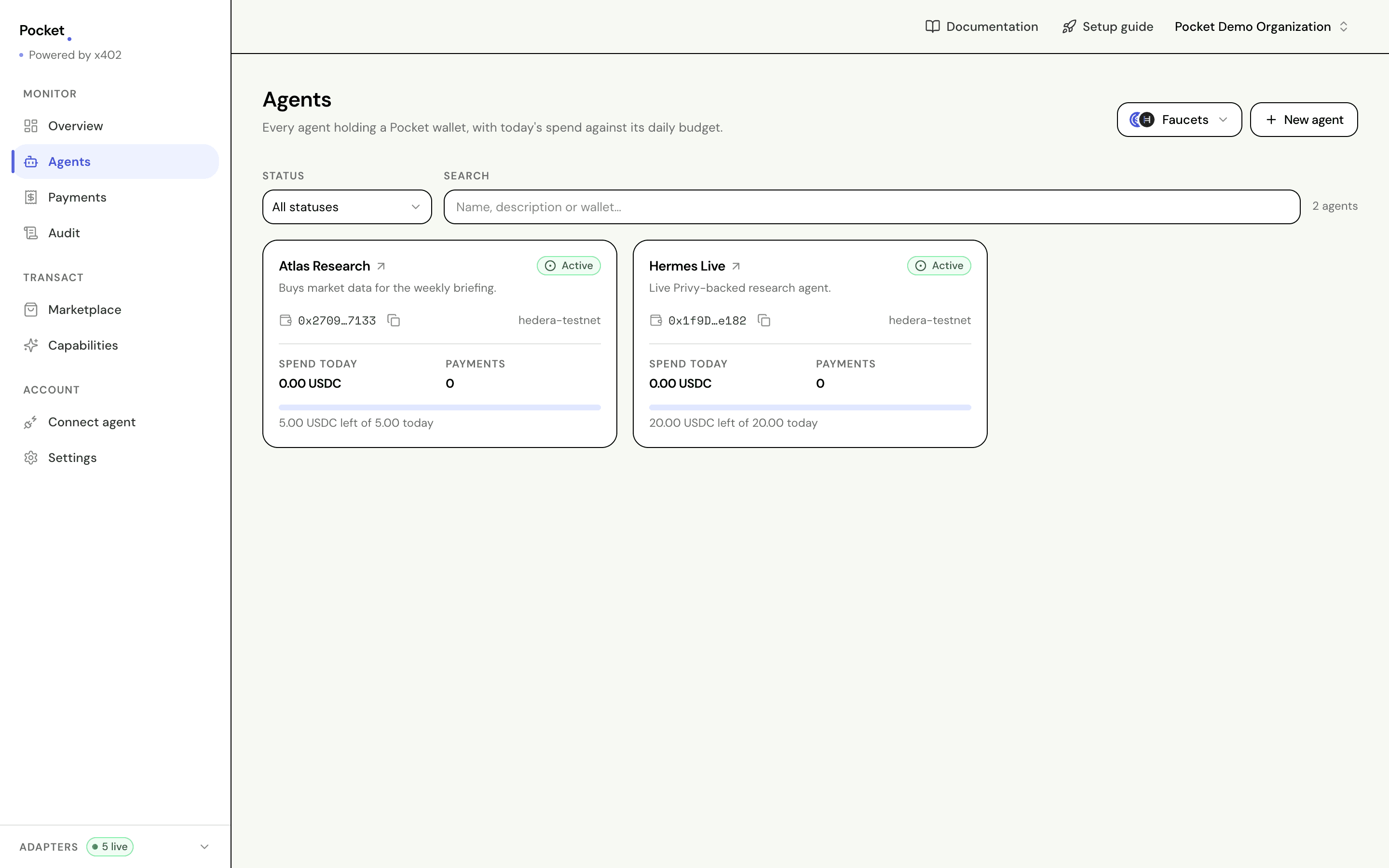 The agents screen showing two agent cards with wallet addresses, spend today and remaining budget, and a Faucets button beside New agent.
