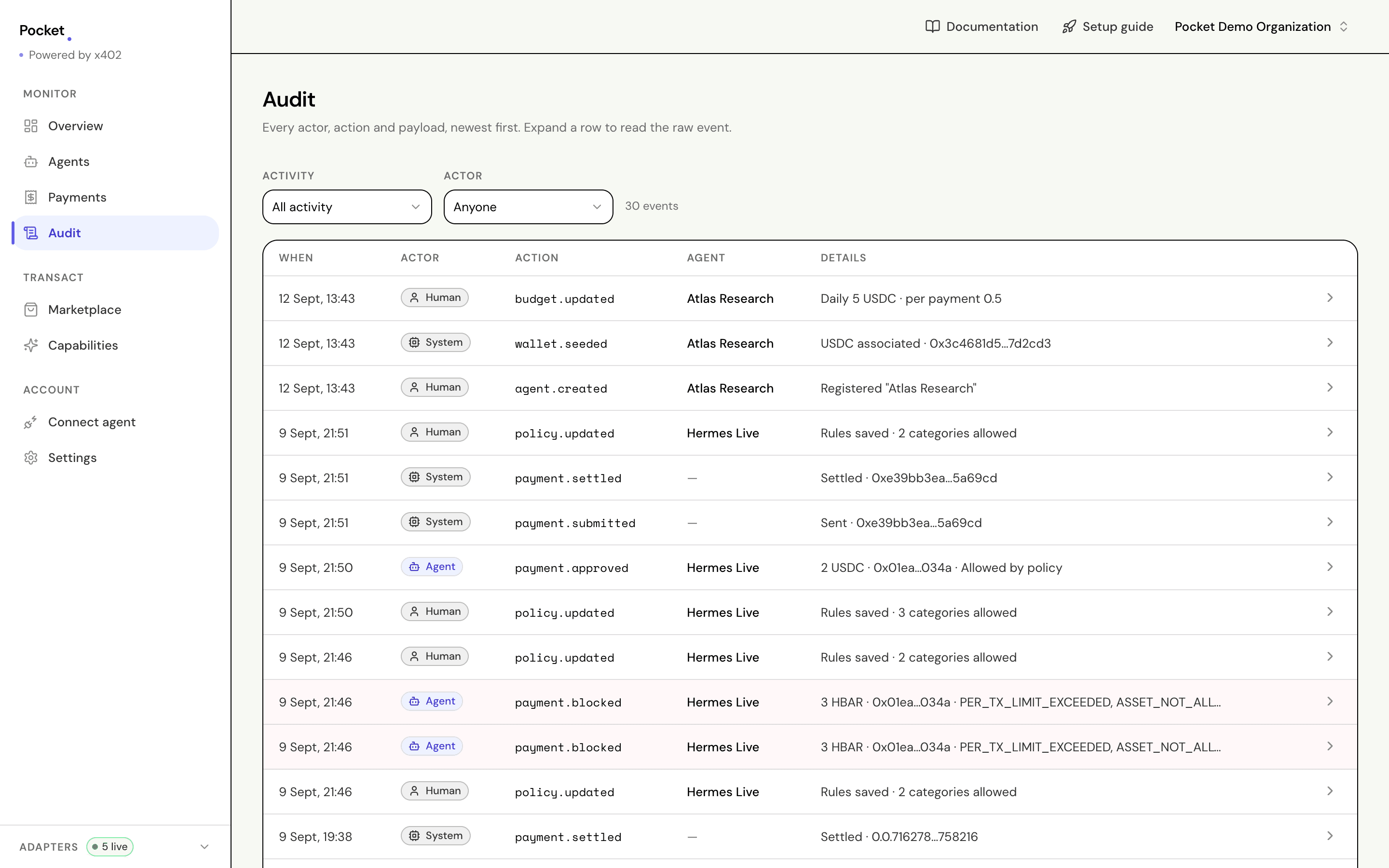 The audit screen listing events by time, actor, action and details, with filters for activity and actor.