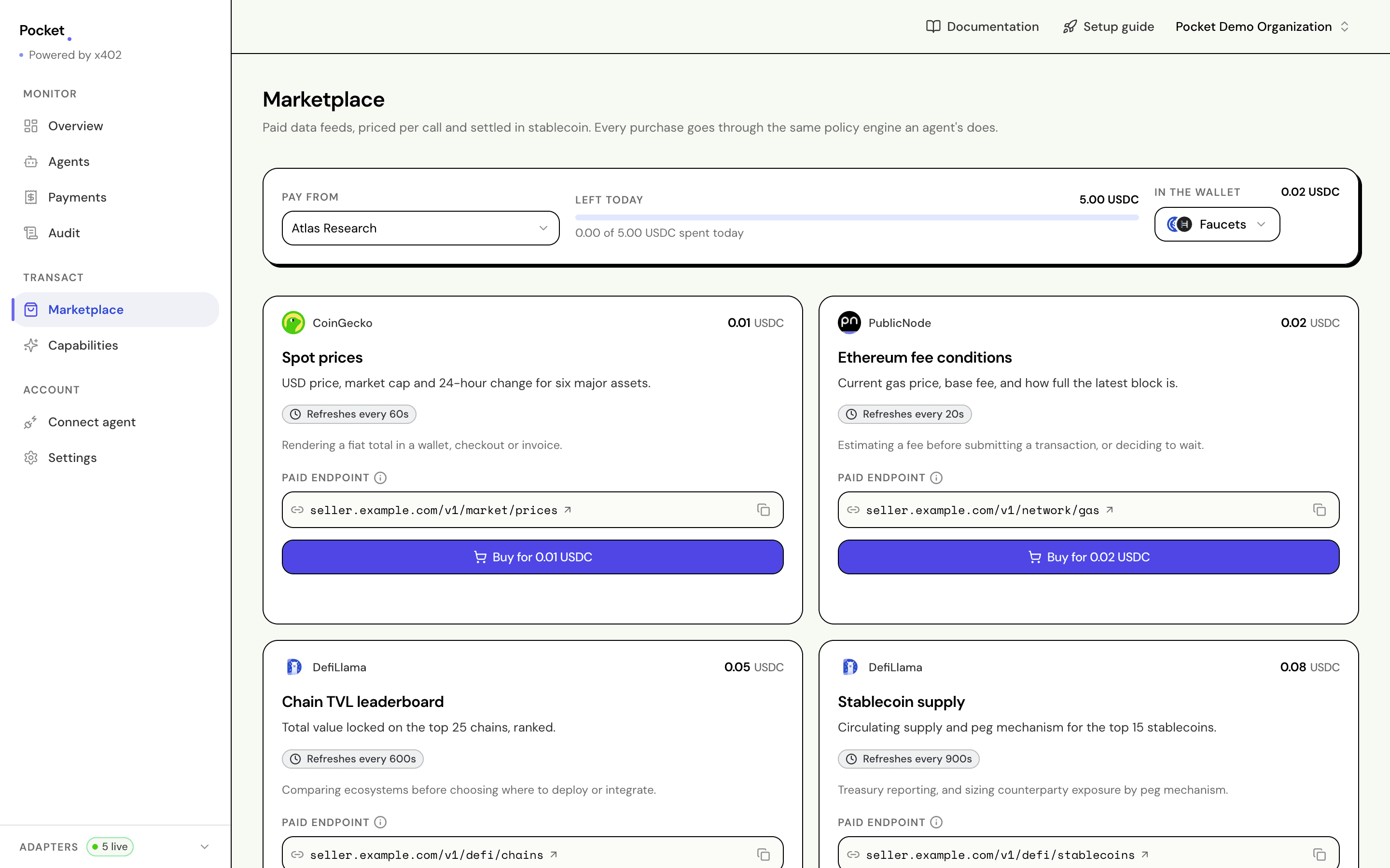 The marketplace screen with a Pay from selector, remaining budget, wallet balance, a Faucets button, and cards for six paid feeds each showing a price and its paid endpoint URL.