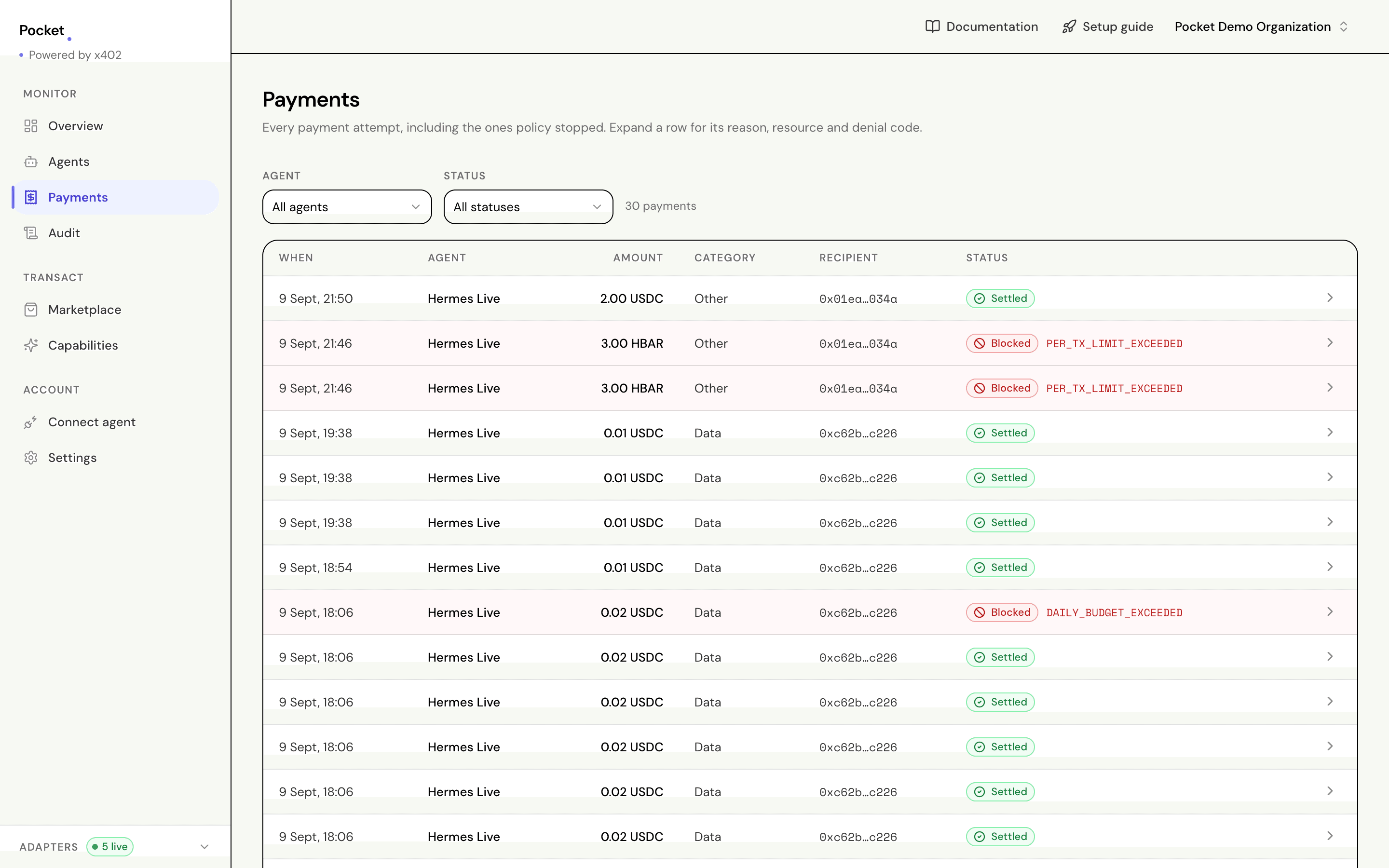 The payments screen listing attempts with time, agent, amount, category, recipient and status, refusals tinted red.