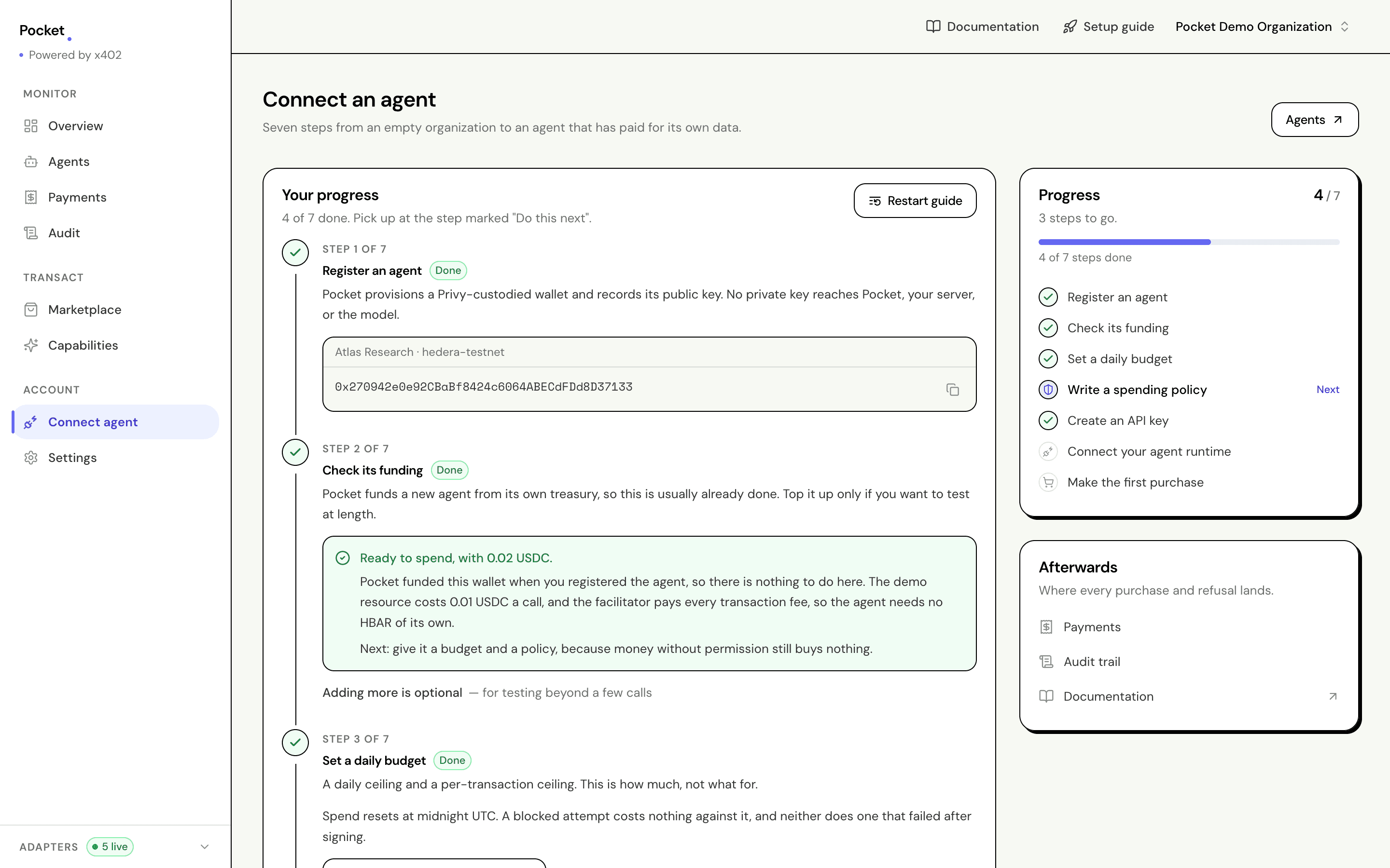 The Connect agent screen with a seven-step checklist, four steps done, showing wallet funding details and a progress panel.